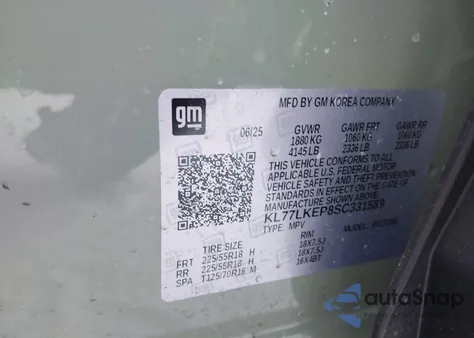 2025 Chevrolet Trax Fwd Activ из США, поврежденный, VIN KL77LKEP8SC331589